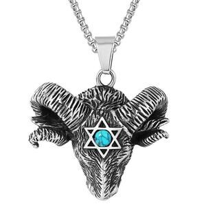 Stainless Steel Goat Ram w/ Star of David & Turquoise Stone – 30″ Rolo Chain
